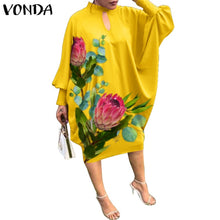 Load image into Gallery viewer, Women Summer Dress 2021 VONDA Beach Sundress Vintage Long Sleeve Printed Mdi Dress Casual Lapel Neck Party Vestidos Elegant Robe
