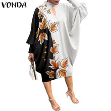 Load image into Gallery viewer, Women Summer Dress 2021 VONDA Beach Sundress Vintage Long Sleeve Printed Mdi Dress Casual Lapel Neck Party Vestidos Elegant Robe

