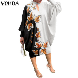 Women Summer Dress 2021 VONDA Beach Sundress Vintage Long Sleeve Printed Mdi Dress Casual Lapel Neck Party Vestidos Elegant Robe