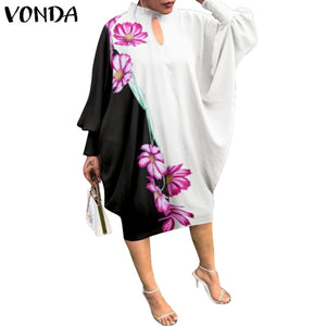 Women Summer Dress 2021 VONDA Beach Sundress Vintage Long Sleeve Printed Mdi Dress Casual Lapel Neck Party Vestidos Elegant Robe