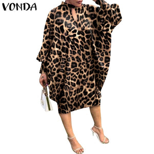 Women Summer Dress 2021 VONDA Beach Sundress Vintage Long Sleeve Printed Mdi Dress Casual Lapel Neck Party Vestidos Elegant Robe
