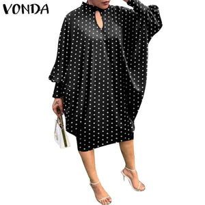 Women Summer Dress 2021 VONDA Beach Sundress Vintage Long Sleeve Printed Mdi Dress Casual Lapel Neck Party Vestidos Elegant Robe