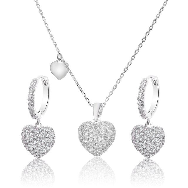 2021 New CZ Zircon Love Heart Drop Earrings For Lover Gift Gold Silvery Chain Summer Necklace Choker Fashion Woman Jewelry Sets