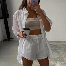 Load image into Gallery viewer, Casual Womem Yellow Lounge Wear Summer Tracksuit Shorts Set Long Sleeve Shirt Tops And Mini Shorts Suit 2021 New Two Piece Set
