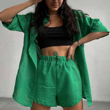 Load image into Gallery viewer, Casual Womem Yellow Lounge Wear Summer Tracksuit Shorts Set Long Sleeve Shirt Tops And Mini Shorts Suit 2021 New Two Piece Set
