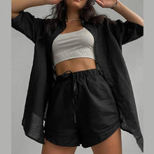 Load image into Gallery viewer, Casual Womem Yellow Lounge Wear Summer Tracksuit Shorts Set Long Sleeve Shirt Tops And Mini Shorts Suit 2021 New Two Piece Set
