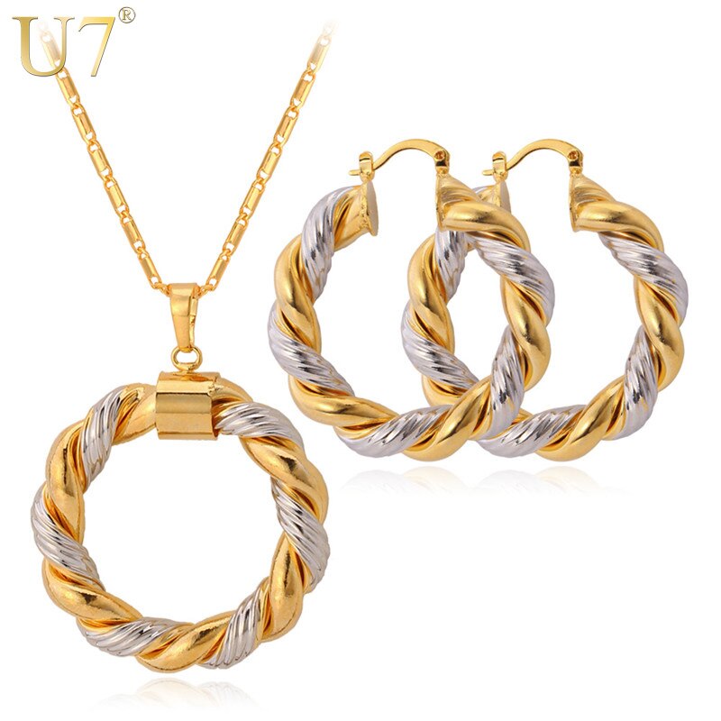 U7 Dubai Jewelry Sets Gold Pendant Necklace & Big Round Twist Chunky Hoop Earrings Women Jewelry Sets Valentine's Day Gift S544
