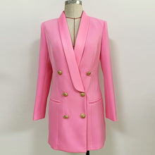 Load image into Gallery viewer, Long Blazer Dress 2021 Autumn New Pink Jacket Double Breasted Golden Button Satin Shawl Collar Women Blazer Suit High Quality
