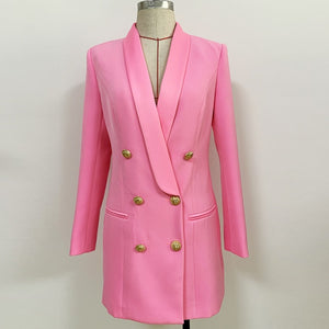 Long Blazer Dress 2021 Autumn New Pink Jacket Double Breasted Golden Button Satin Shawl Collar Women Blazer Suit High Quality