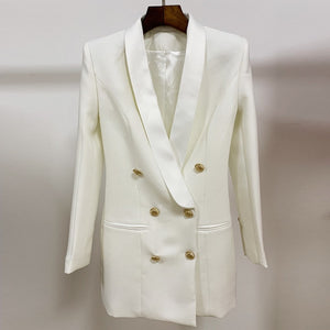 Long Blazer Dress 2021 Autumn New Pink Jacket Double Breasted Golden Button Satin Shawl Collar Women Blazer Suit High Quality