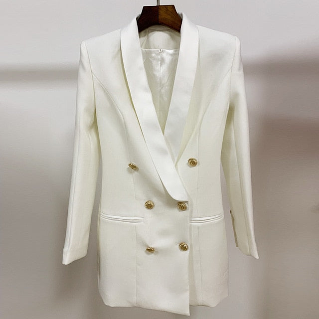 Long Blazer Dress 2021 Autumn New Pink Jacket Double Breasted Golden Button Satin Shawl Collar Women Blazer Suit High Quality