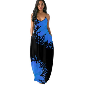 2021 Sunflower Print Long Maxi Dress Sleeveless Women Summer Sexy V-Neck Black Strappy Dress Open Back vestido de verano