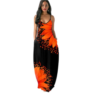 2021 Sunflower Print Long Maxi Dress Sleeveless Women Summer Sexy V-Neck Black Strappy Dress Open Back vestido de verano
