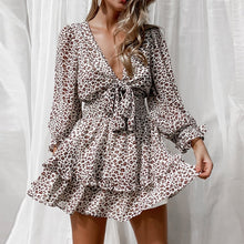 Load image into Gallery viewer, Women Spring V Neck Chiffon Print Dress Self-tie Knot Front Ruffles Leopard Dress Female Sexy Short A Line Party Vestidos 2021
