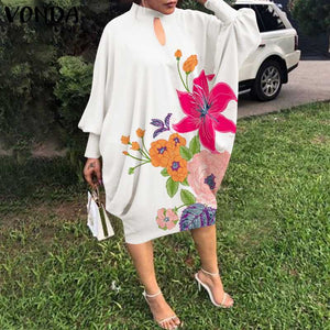 Women Summer Dress 2021 VONDA Beach Sundress Vintage Long Sleeve Printed Mdi Dress Casual Lapel Neck Party Vestidos Elegant Robe
