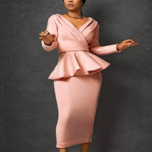 Load image into Gallery viewer, Sexy Slim Fit Ruffle Party Dress Bodycon Pink Long Sleeve V Neck Midi Dress Big Size Bridesmaid Birthday Outfits Spring Summer
