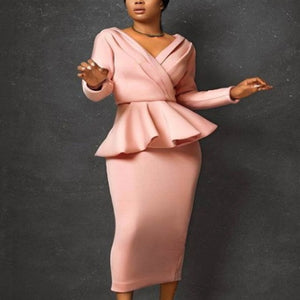 Sexy Slim Fit Ruffle Party Dress Bodycon Pink Long Sleeve V Neck Midi Dress Big Size Bridesmaid Birthday Outfits Spring Summer