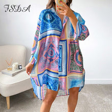 Load image into Gallery viewer, FSDA 2021 Summer Long Sleeve Shirt Dress Women V Neck Print Blue Loose Beach Sexy Party Casual Green Dresses
