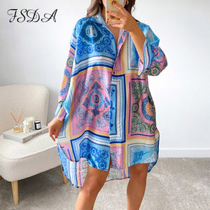 FSDA 2021 Summer Long Sleeve Shirt Dress Women V Neck Print Blue Loose Beach Sexy Party Casual Green Dresses