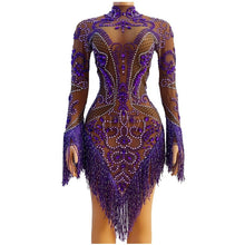 Load image into Gallery viewer, Purple Fringes Rhinestones Mesh Transparent Dress Women Birthday Evening Celebrate See Through Sexy Dance Singer Tassels Outfit
