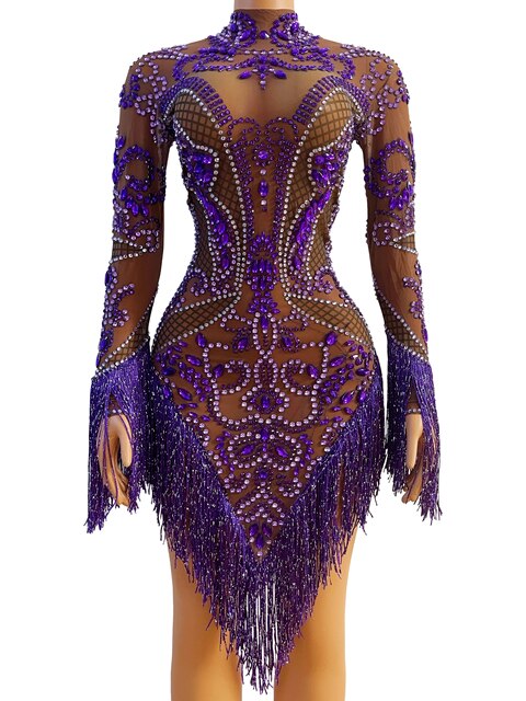Purple Fringes Rhinestones Mesh Transparent Dress Women Birthday Evening Celebrate See Through Sexy Dance Singer Tassels Outfit