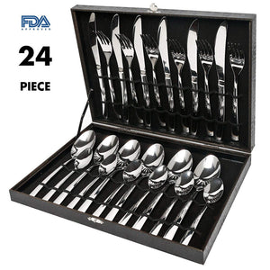 Gift Wooden Box & 24PCS Cutlery Set Steel Dinner Set Stainless Steel Mirror Polishing Sets Tableware Flatware Dinnerware