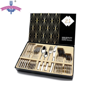 24 PCS Stainless Cutlery Set Flatware Sets High-Grade Mirror Polishing 18/10 Silverware Dinnerware Spoons Knife Fork Gift Box