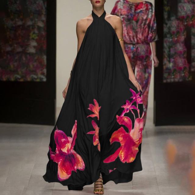 Celmia Bohemian Women Halter Floral Print Long Dress 2021 Summer Sexy Sleeveless Ruffled Maxi Sundress Backless Party Vestidos