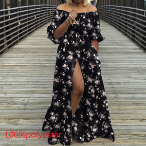 Women's Autumn Maxi Dress 2021 Celmia Sexy High Waist Robes High Split Long Sundress Three Quarter Sleeves Floor-Length Vestidos