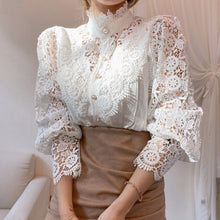 Load image into Gallery viewer, Petal Sleeve Stand Collar Hollow Out Flower Lace Patchwork Shirt Femme Blusas All-match Women Lace Blouse Button White Top 12419
