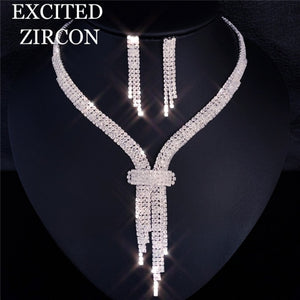 Luxury Rhinestone Tassel Long Pendant Full Crystal Necklace Earrings set Elegant Fashion Bridal Wedding Jewelry Birthday Gift