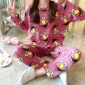 Pajamas Sets Spring Autumn Carton Women Long Sleeve Sleepwear Suit Cute Big Girls Homewear Gift for Female Sleepwear