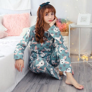 Pajamas Sets Spring Autumn Carton Women Long Sleeve Sleepwear Suit Cute Big Girls Homewear Gift for Female Sleepwear