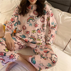 Pajamas Sets Spring Autumn Carton Women Long Sleeve Sleepwear Suit Cute Big Girls Homewear Gift for Female Sleepwear