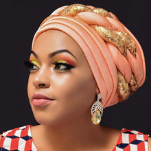 Load image into Gallery viewer, Latest African Auto Geles Headtie Already Made Headties Shinning Sequins Turban Cap for Women Ready Female Head Wraps
