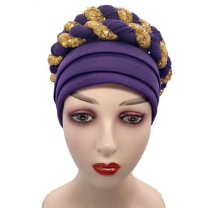 Latest African Auto Geles Headtie Already Made Headties Shinning Sequins Turban Cap for Women Ready Female Head Wraps