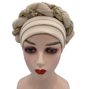 Latest African Auto Geles Headtie Already Made Headties Shinning Sequins Turban Cap for Women Ready Female Head Wraps