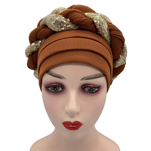 Latest African Auto Geles Headtie Already Made Headties Shinning Sequins Turban Cap for Women Ready Female Head Wraps