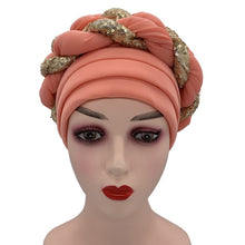 Load image into Gallery viewer, Latest African Auto Geles Headtie Already Made Headties Shinning Sequins Turban Cap for Women Ready Female Head Wraps
