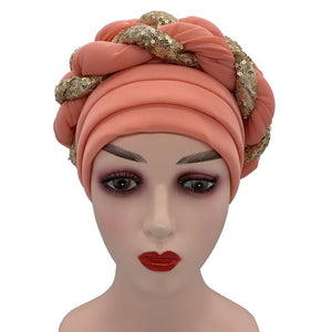 Latest African Auto Geles Headtie Already Made Headties Shinning Sequins Turban Cap for Women Ready Female Head Wraps