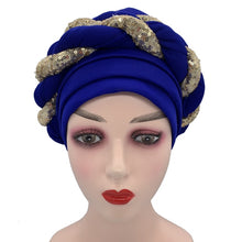 Load image into Gallery viewer, Latest African Auto Geles Headtie Already Made Headties Shinning Sequins Turban Cap for Women Ready Female Head Wraps
