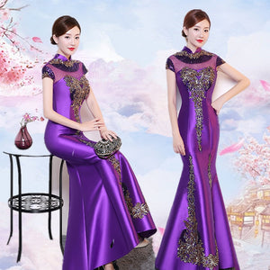Purple Cheongsam Women Traditional Dress Sexy Wedding Qipao Embroidery Chinese Oriental Dresses Vestidos Formales Long QiPao