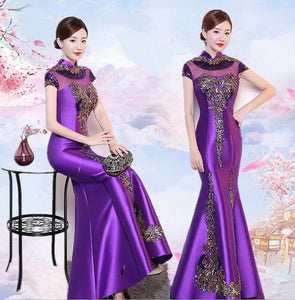 Purple Cheongsam Women Traditional Dress Sexy Wedding Qipao Embroidery Chinese Oriental Dresses Vestidos Formales Long QiPao