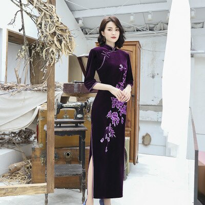 Sheng Coco Purple Elegant Velvet Long Cheongsam Long Sleeve Chinese Dress Evening Qipao Winter 4XL Plus Size Women Clothing