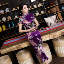 Load image into Gallery viewer, Sexy Purple Women Satin Daily Casual Dress Summer New Long Qipao Print Flower Chinese Cheongsam Size S M L XL XXL 3XL 0162
