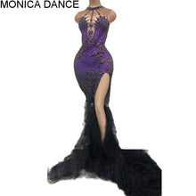 Load image into Gallery viewer, Women Sexy Stage Purple Big Rhinestone Mesh Train Split Long Dress Evening Prom Dancer Show Costume Bar Birthday Celebrate Dress
