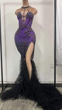 Load image into Gallery viewer, Women Sexy Stage Purple Big Rhinestone Mesh Train Split Long Dress Evening Prom Dancer Show Costume Bar Birthday Celebrate Dress

