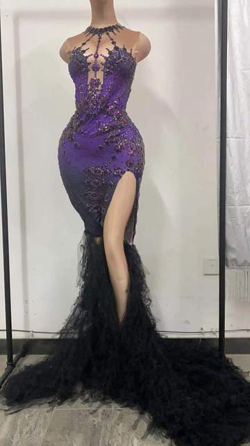 Women Sexy Stage Purple Big Rhinestone Mesh Train Split Long Dress Evening Prom Dancer Show Costume Bar Birthday Celebrate Dress
