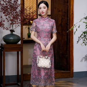 Embroidery Flower Vintage Button Slim Qipao Oversize Casual Female Chinese Chongsam Sexy Purple Dresses Lace Perspectve Vestidos