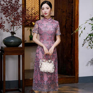Embroidery Flower Vintage Button Slim Qipao Oversize Casual Female Chinese Chongsam Sexy Purple Dresses Lace Perspectve Vestidos